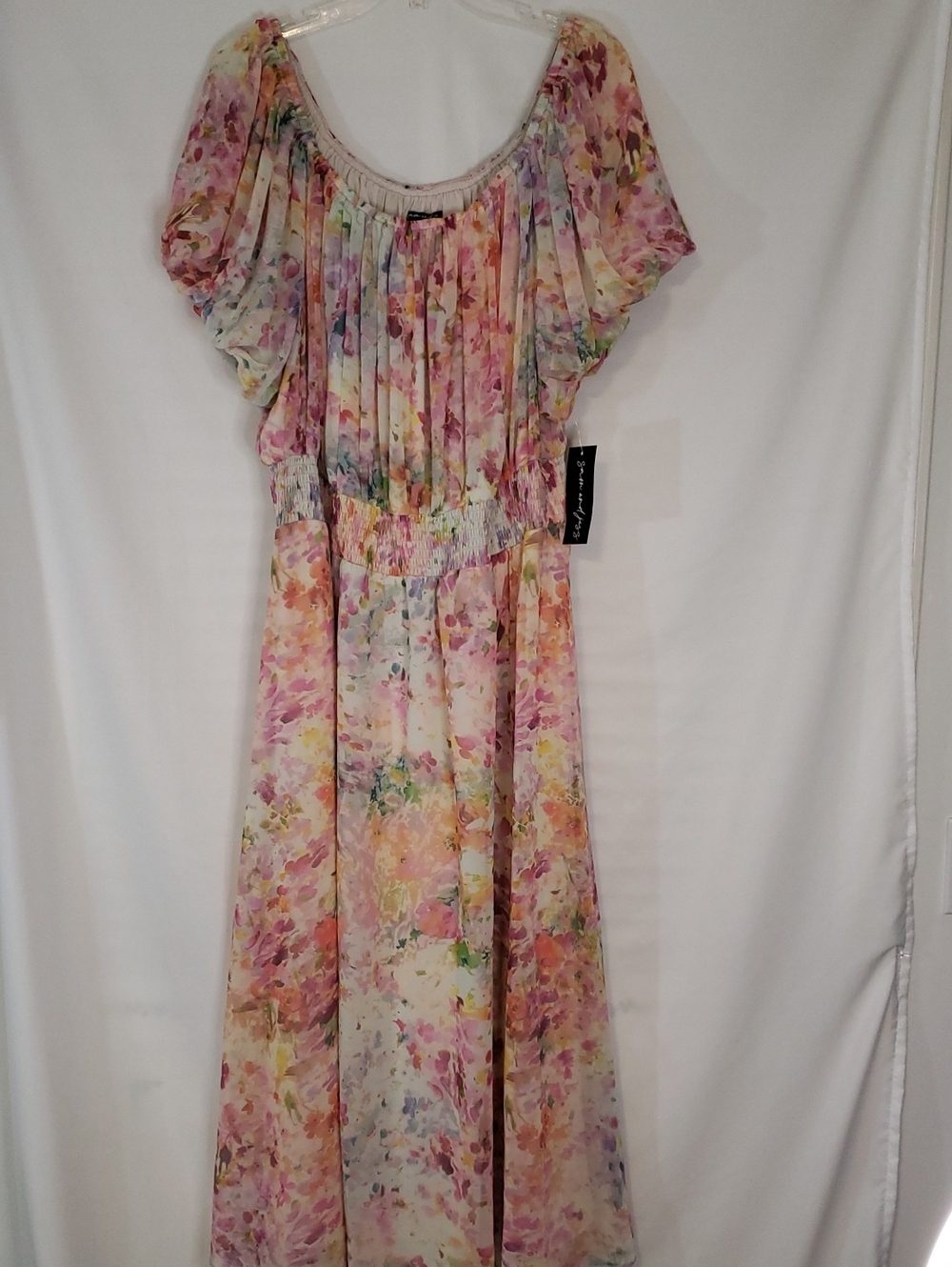 Sam and Jess Off-Shoulder Puff Sleeve Pastel Watercolor Floral Maxi Dress, 2X - Picture 2 of 11
